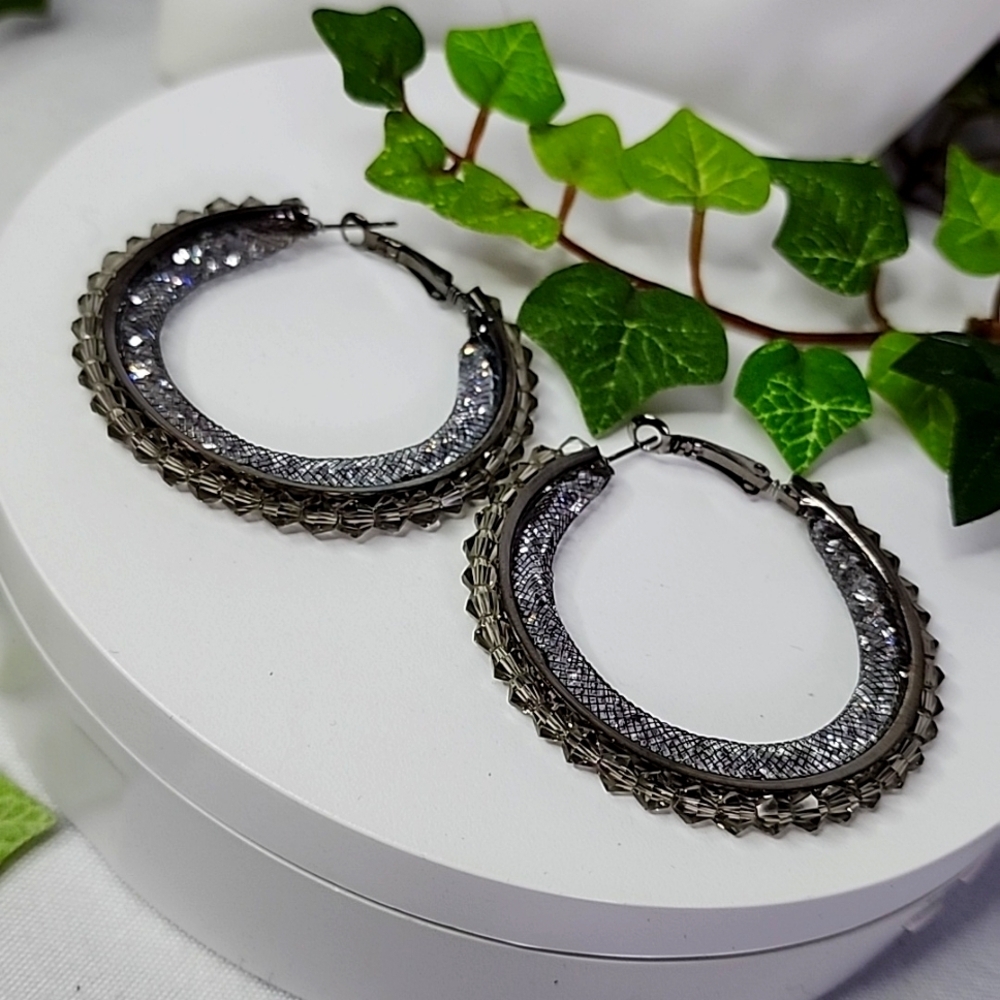 Gunmetal Hoop Earrings with Mesh Filled Crystals and Smokey Grey Stones